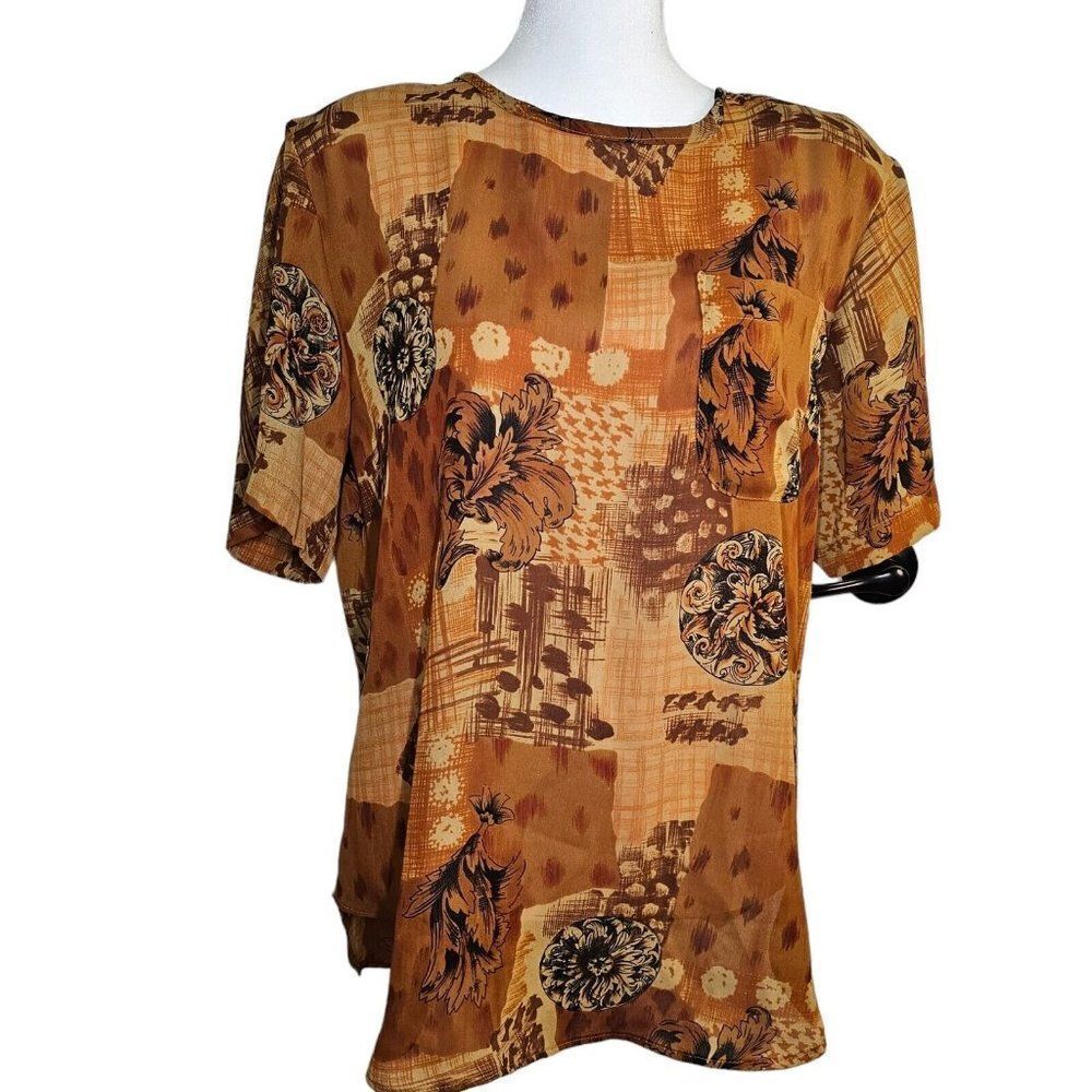 Vintage 80s Nicola Blouse Shell Womens M Earth Tones Floral Short Sleeve